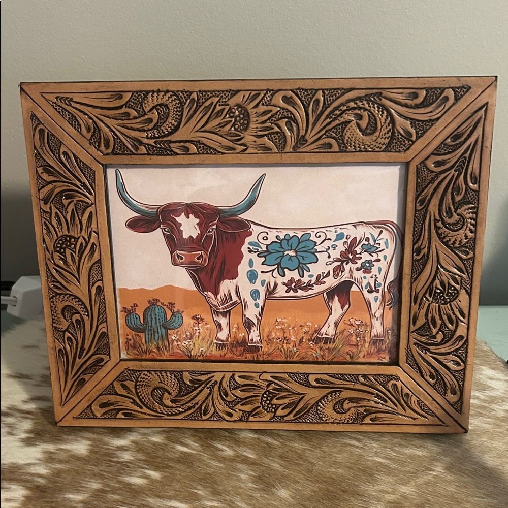 Wooden Framed Longhorn Art Print - Brown & Turquoise